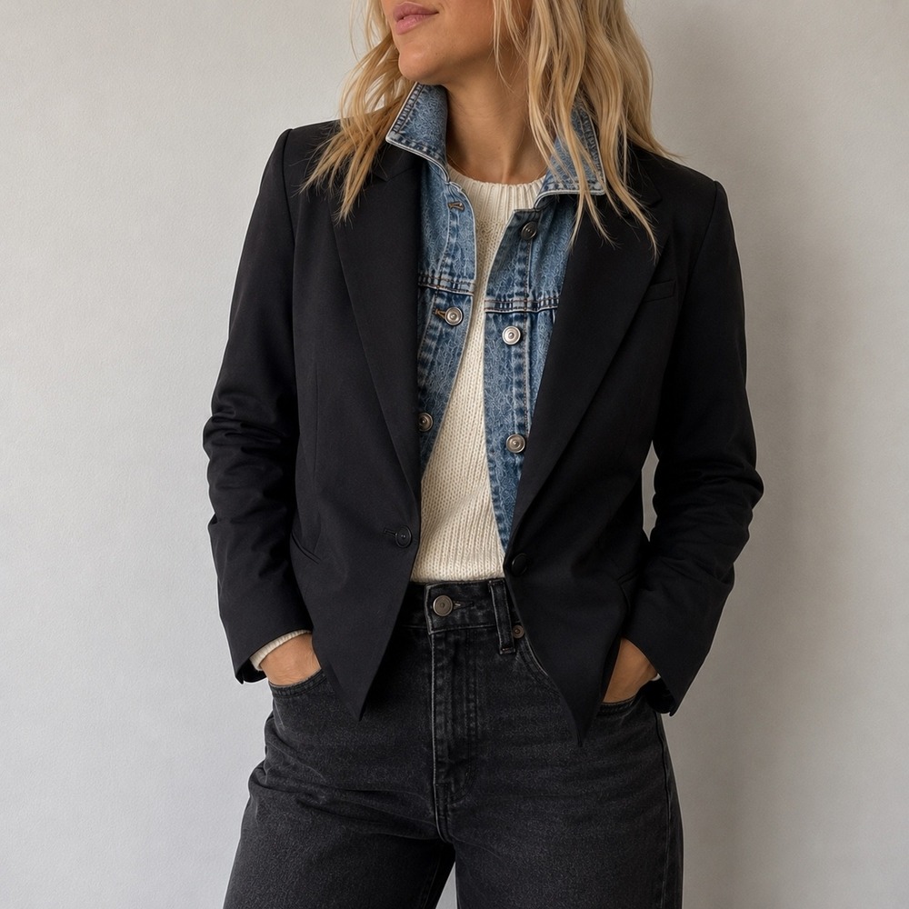 Elan Black Mixed Media Denim Dickey Blazer Jacket Size Medium Streetwear Indie
